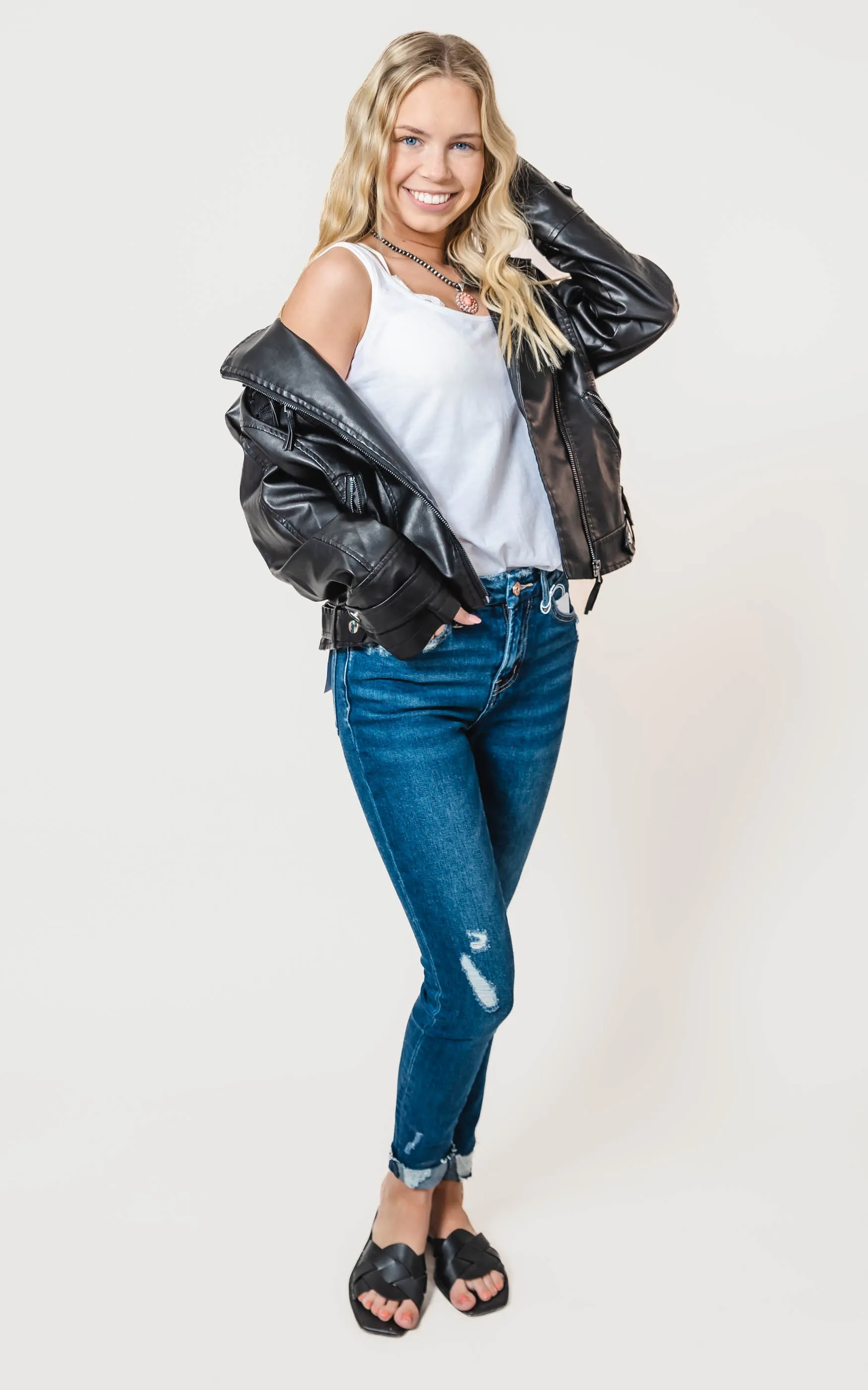 Moto Faux Leather Zip Up Biker Jacket - BLUE B