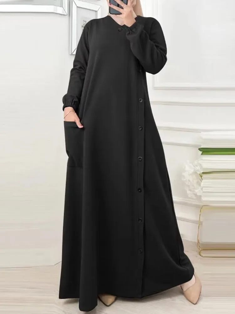 Muslim O Neck Maxi Dresses Buttons