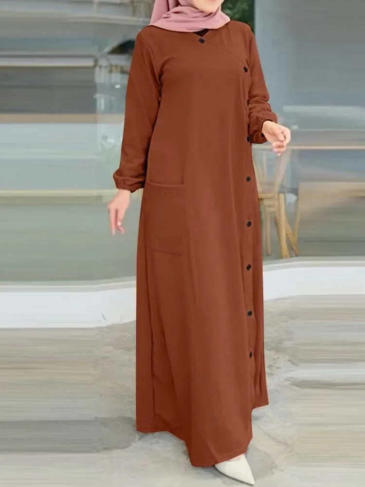 Muslim O Neck Maxi Dresses Buttons