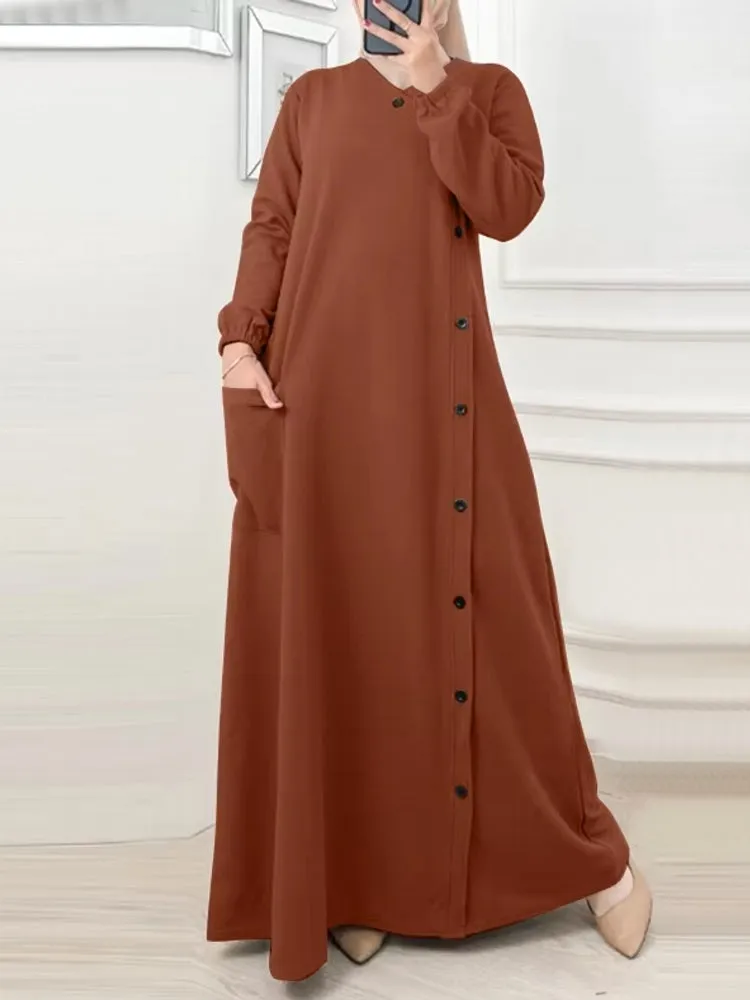 Muslim O Neck Maxi Dresses Buttons