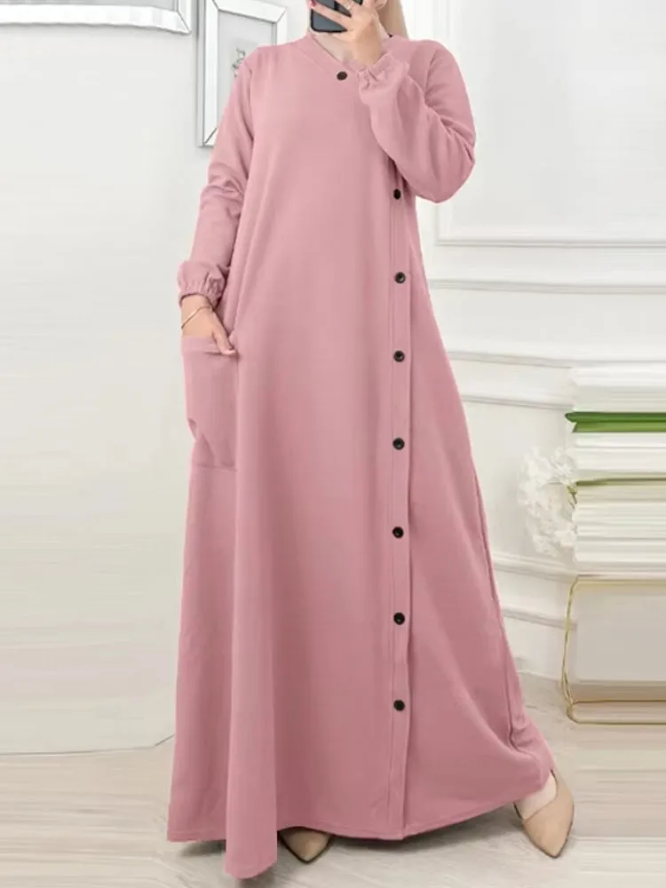 Muslim O Neck Maxi Dresses Buttons