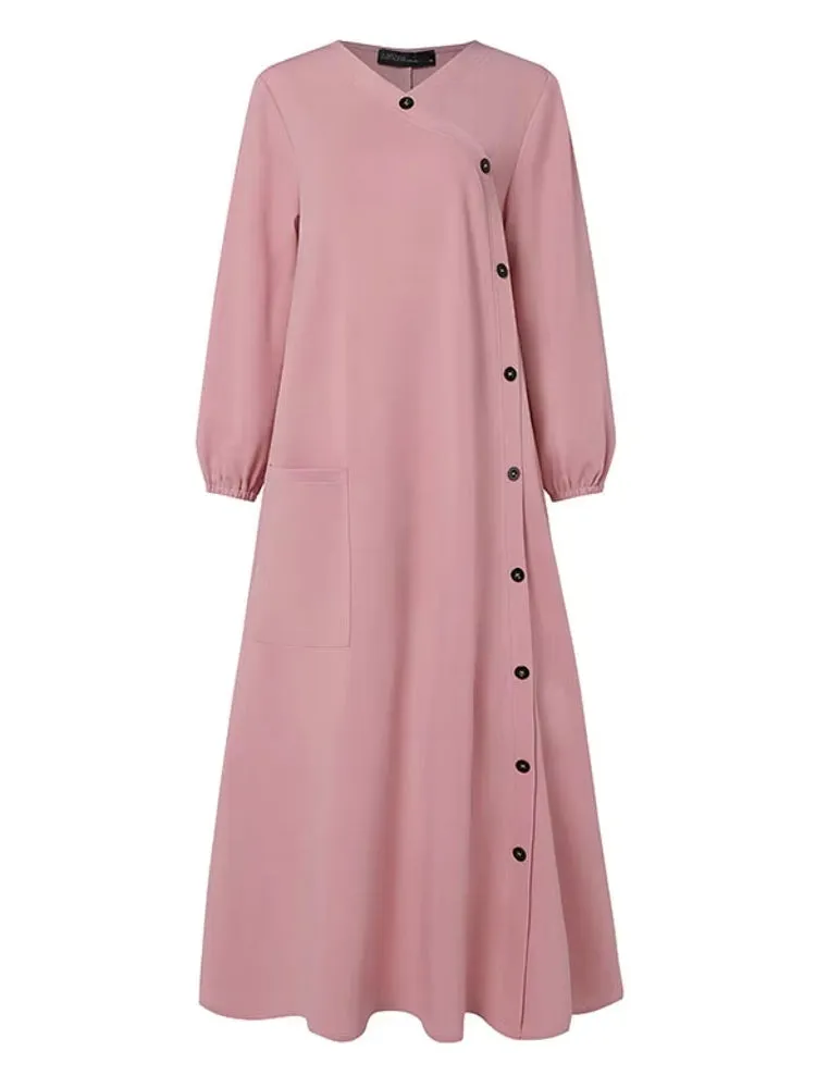 Muslim O Neck Maxi Dresses Buttons