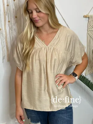 Natural V-Neck Blouse with Pleated Neckline in Regular & Curvy