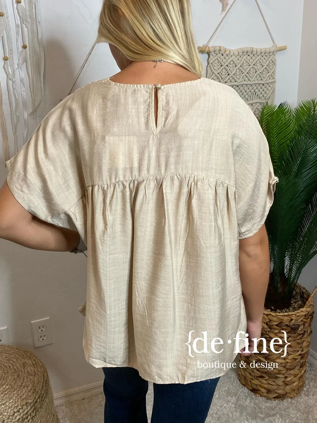 Natural V-Neck Blouse with Pleated Neckline in Regular & Curvy