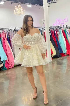New Arrival Short Wedding Party Dresses Puff Sleeves Off Shoulder Ball Gowns Sexy Lace Shiny Civil Bride Gowns