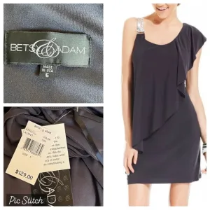 New! Betsy Adam Embelished One ShoulderBlack Dress size 6