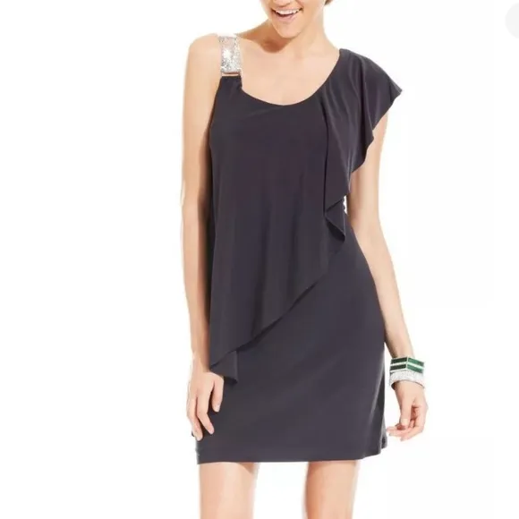 New! Betsy Adam Embelished One ShoulderBlack Dress size 6