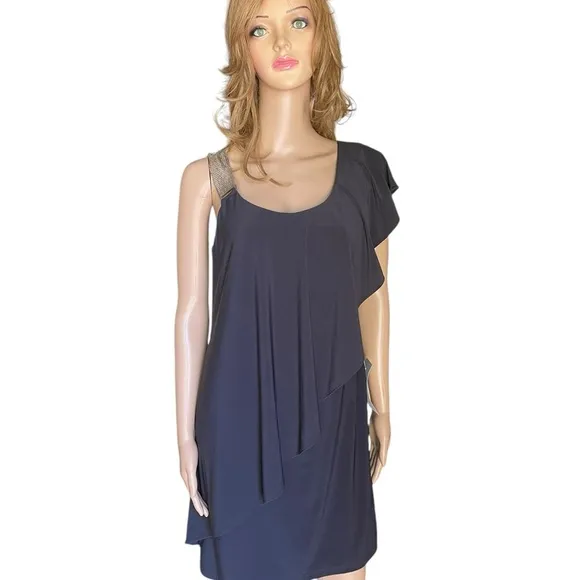 New! Betsy Adam Embelished One ShoulderBlack Dress size 6