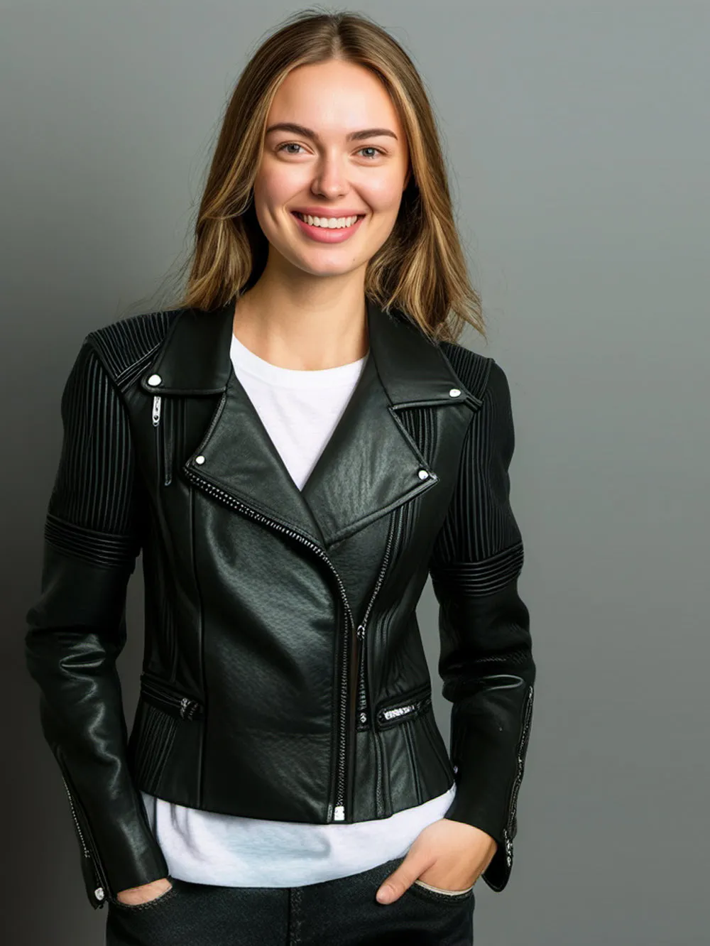 Notched Buttoned Moto Leather Jacket