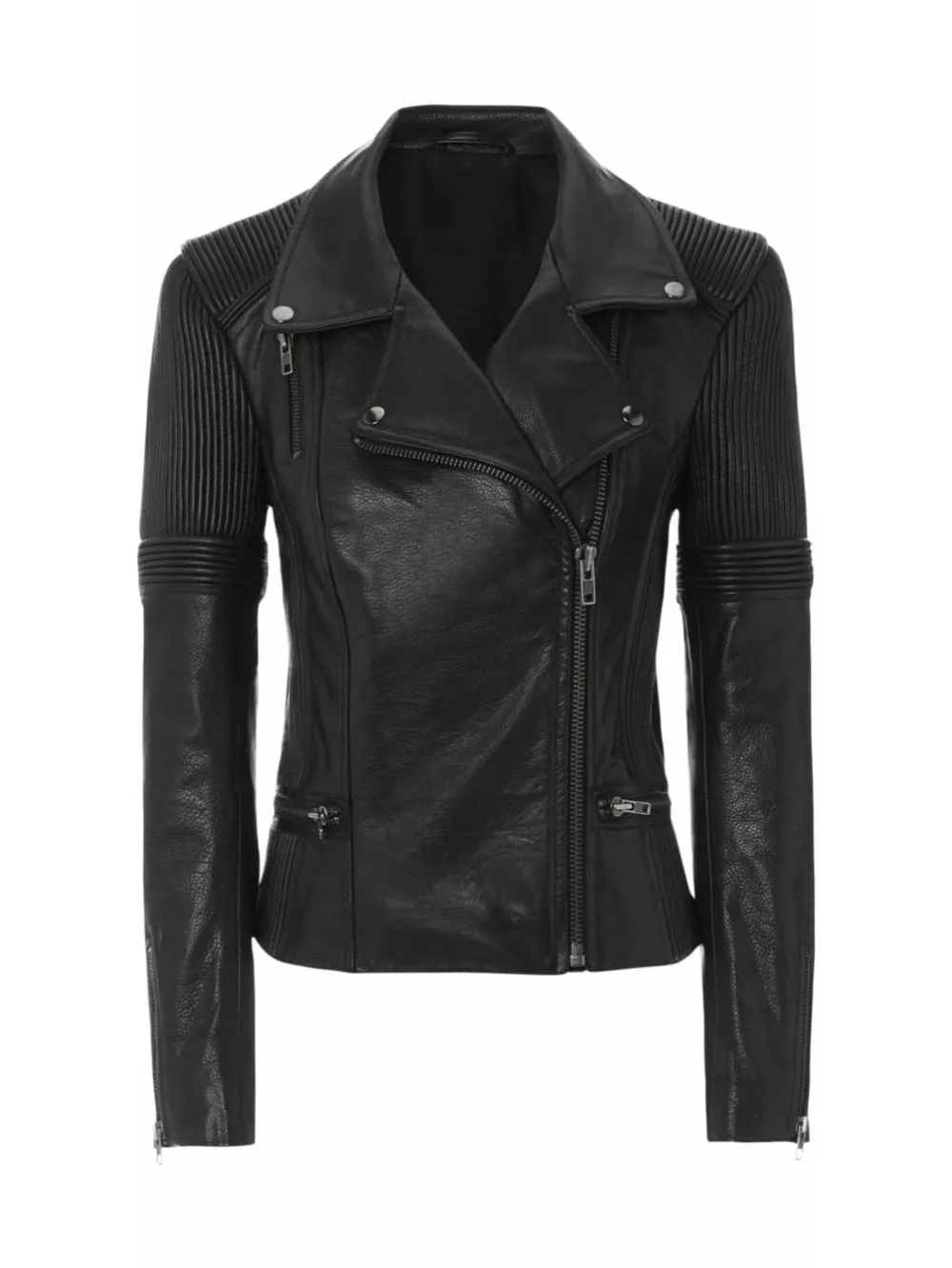 Notched Buttoned Moto Leather Jacket