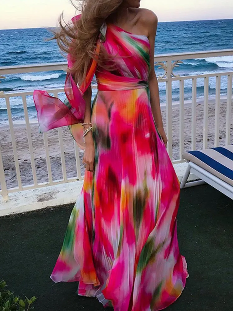 Off Shoulder Hollow Out Print Dress