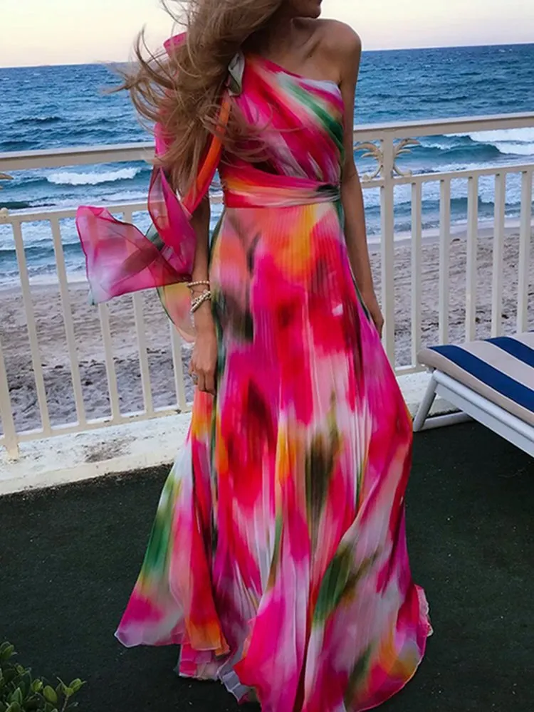 Off Shoulder Hollow Out Print Dress