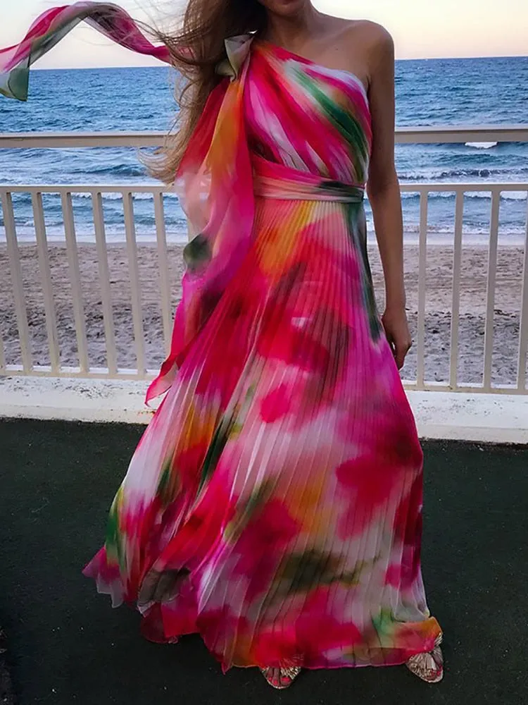 Off Shoulder Hollow Out Print Dress