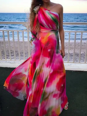 Off Shoulder Hollow Out Print Dress