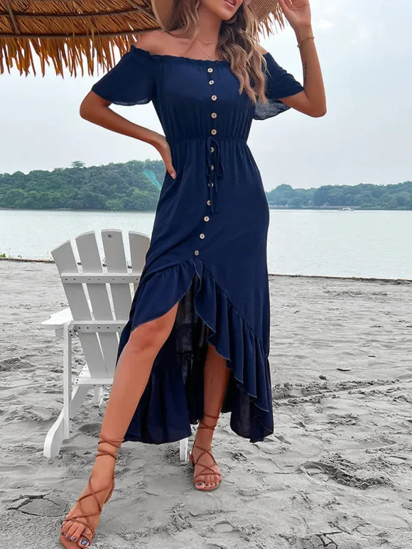 Off-Shoulder Maxi Dress with Ruffle Hem and Button-Down Front