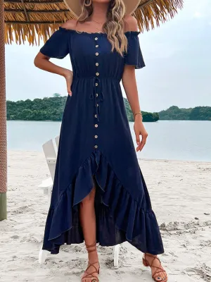 Off-Shoulder Maxi Dress with Ruffle Hem and Button-Down Front