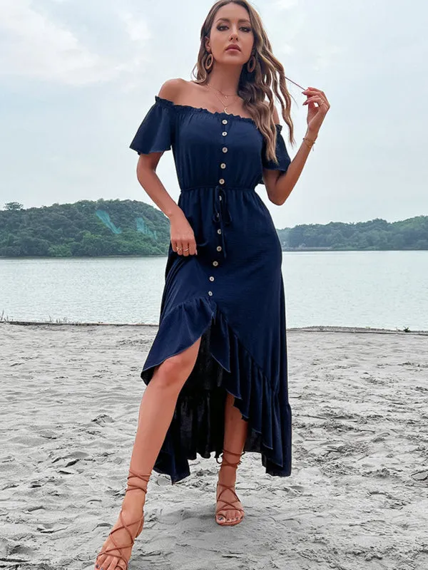 Off-Shoulder Maxi Dress with Ruffle Hem and Button-Down Front