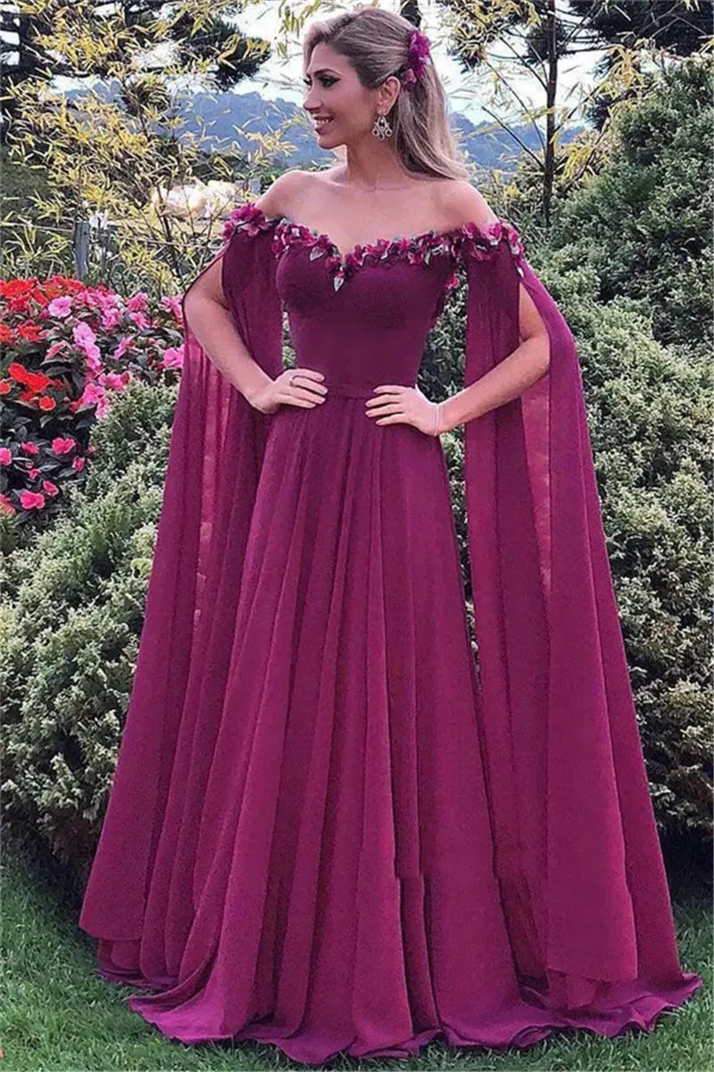 Off the Shoulder 3D Flowers Long Prom Dresses Chiffon Special Occasion Party Gowns vestidos de fiesta