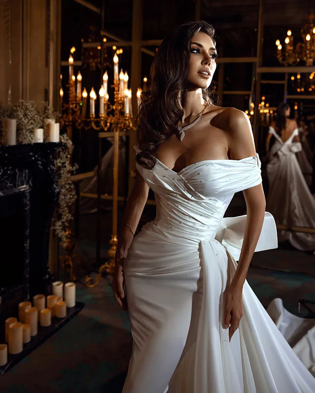 Off The Shoulder Satin Wedding Dresses Long Train Sheath Wedding Gown Said Mhamad Photography 2022