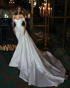 Off The Shoulder Satin Wedding Dresses Long Train Sheath Wedding Gown Said Mhamad Photography 2022
