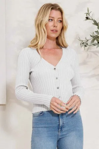 Off White Ribbed Sweetheart Button Cardigan