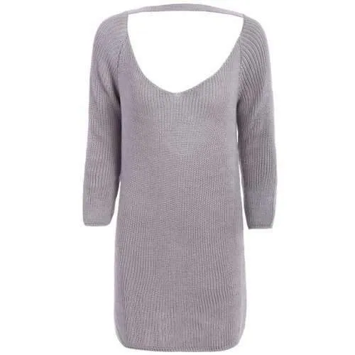 OL Style Women's Long Sleeve V-Neck Cut Out Pure Color Dress - Gray Xl
