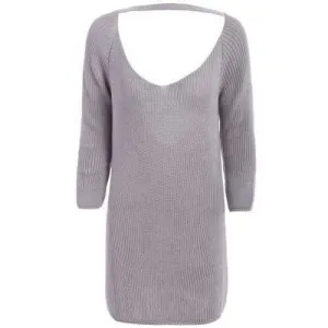 OL Style Women's Long Sleeve V-Neck Cut Out Pure Color Dress - Gray Xl