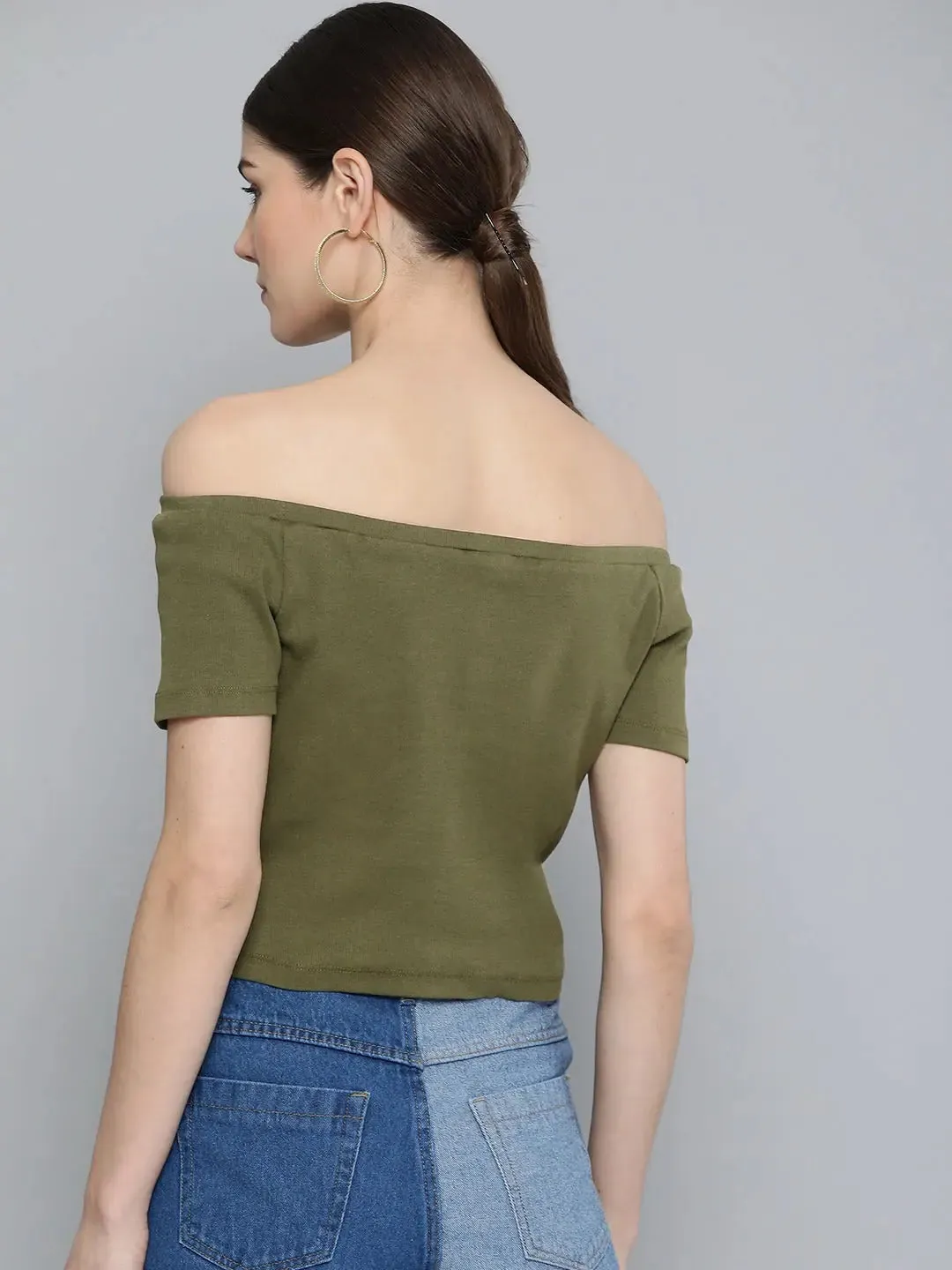 Olive Front Button Bardot Crop Top