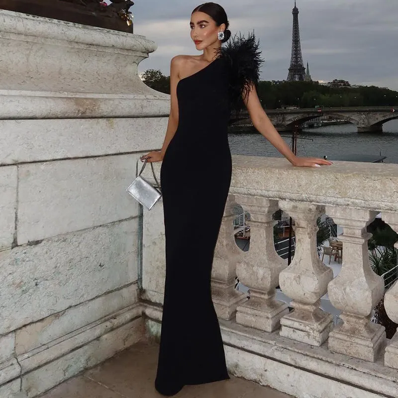 One Shoulder Feather Long Dress Backless  Prom Dresses