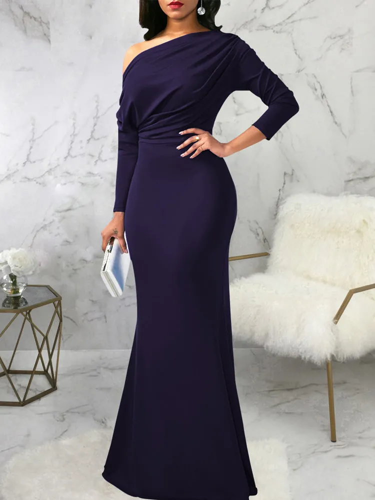 One Shoulder Long Sleeve Ruched Maxi Dress