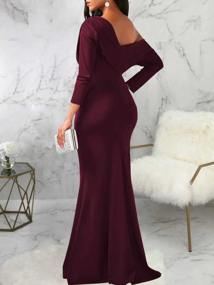 One Shoulder Long Sleeve Ruched Maxi Dress
