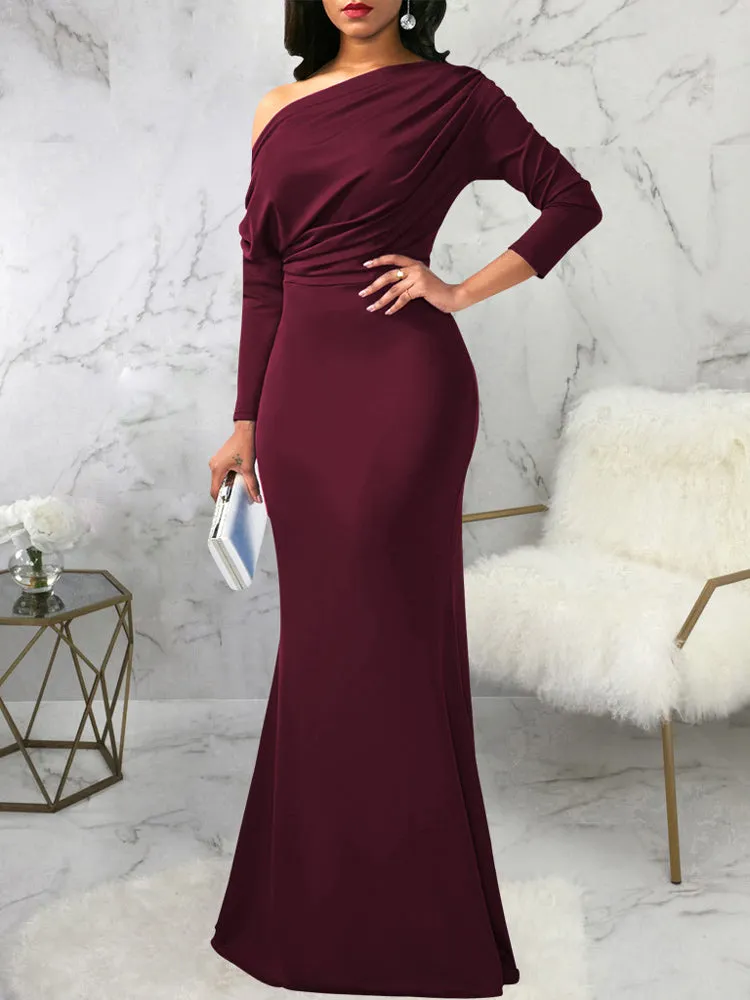One Shoulder Long Sleeve Ruched Maxi Dress