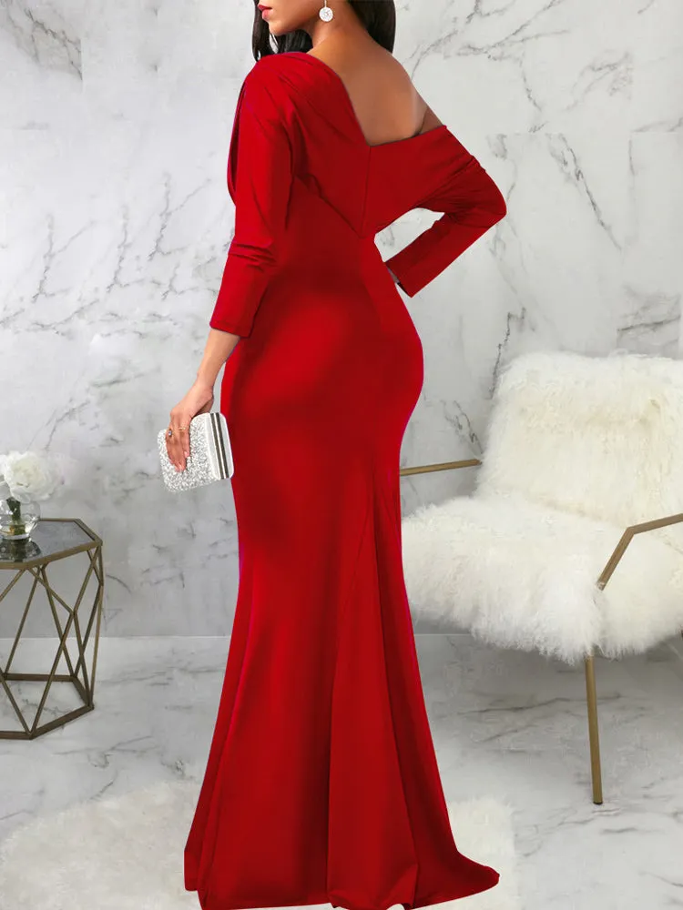 One Shoulder Long Sleeve Ruched Maxi Dress
