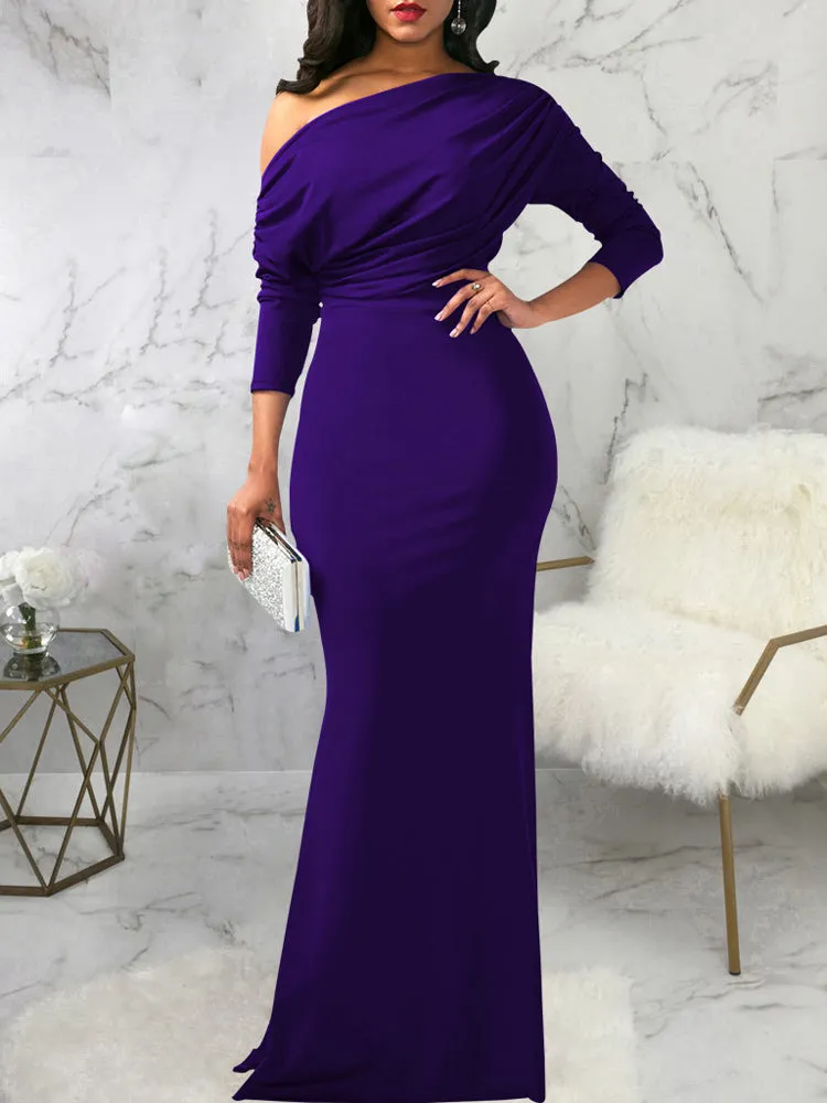 One Shoulder Long Sleeve Ruched Maxi Dress