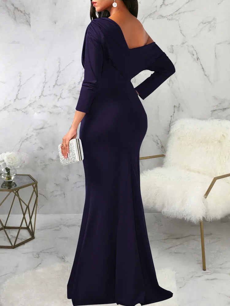 One Shoulder Long Sleeve Ruched Maxi Dress