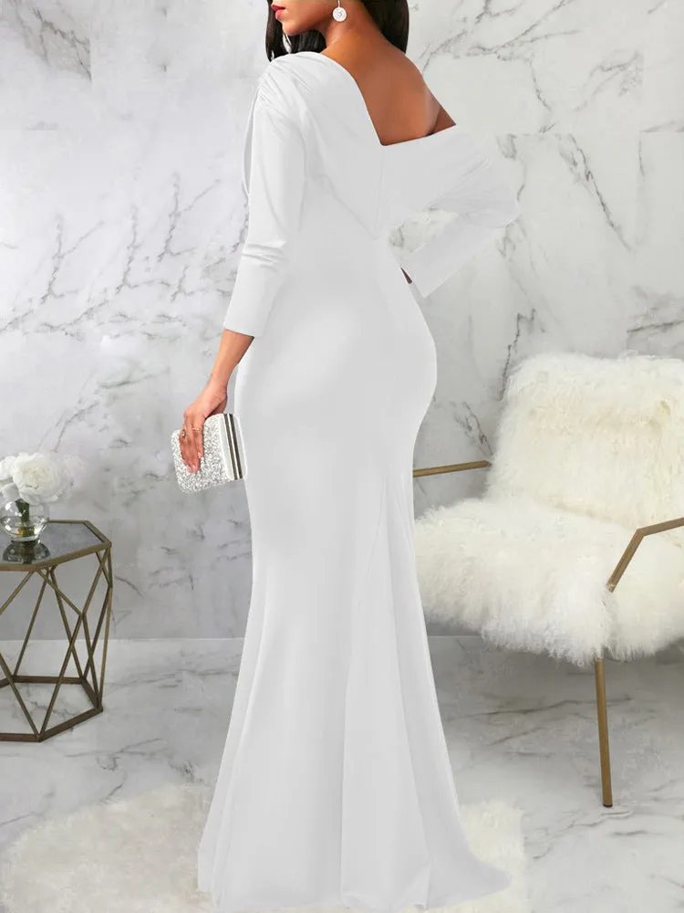 One Shoulder Long Sleeve Ruched Maxi Dress