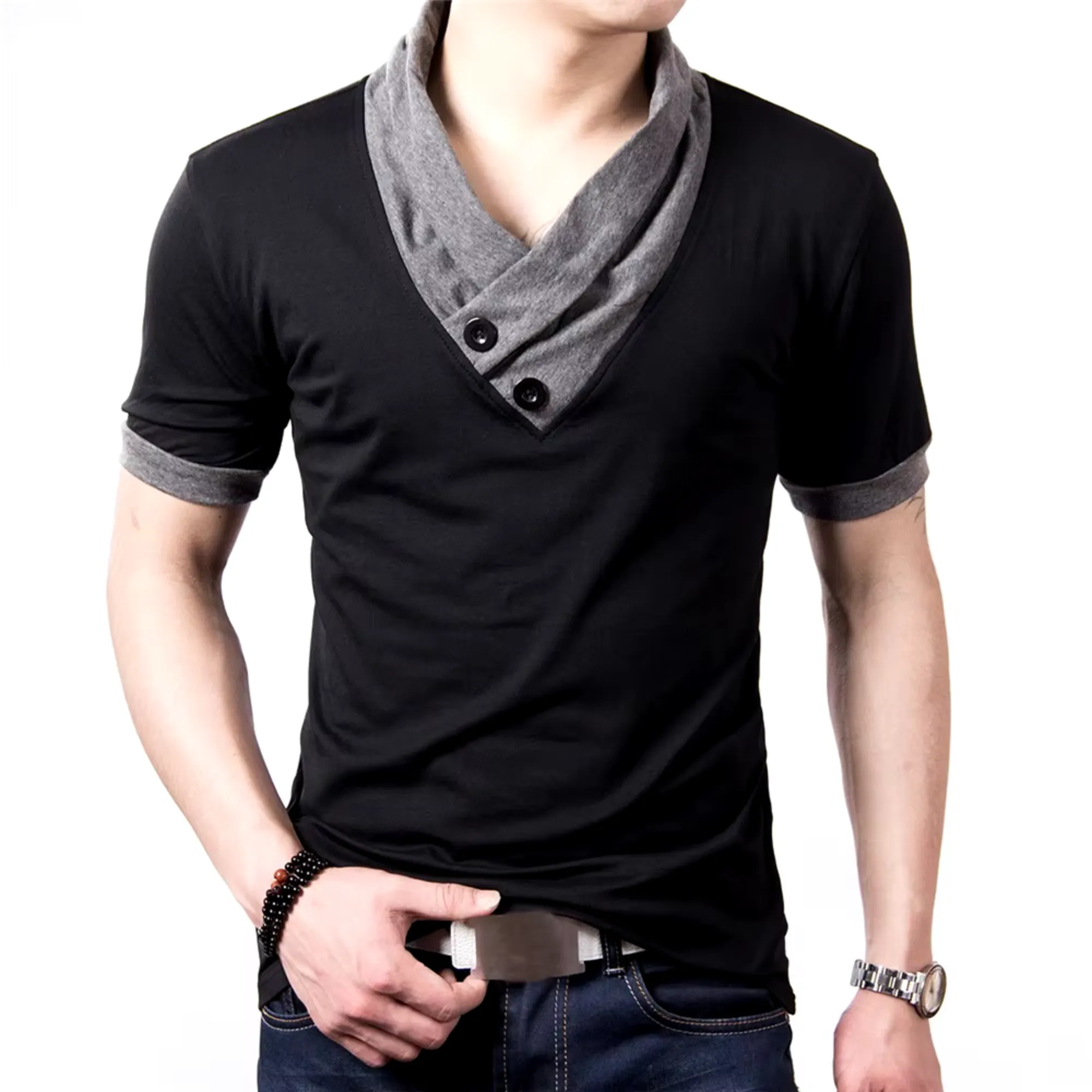 Onyx - Gray Patchwork V Collar T-Shirt