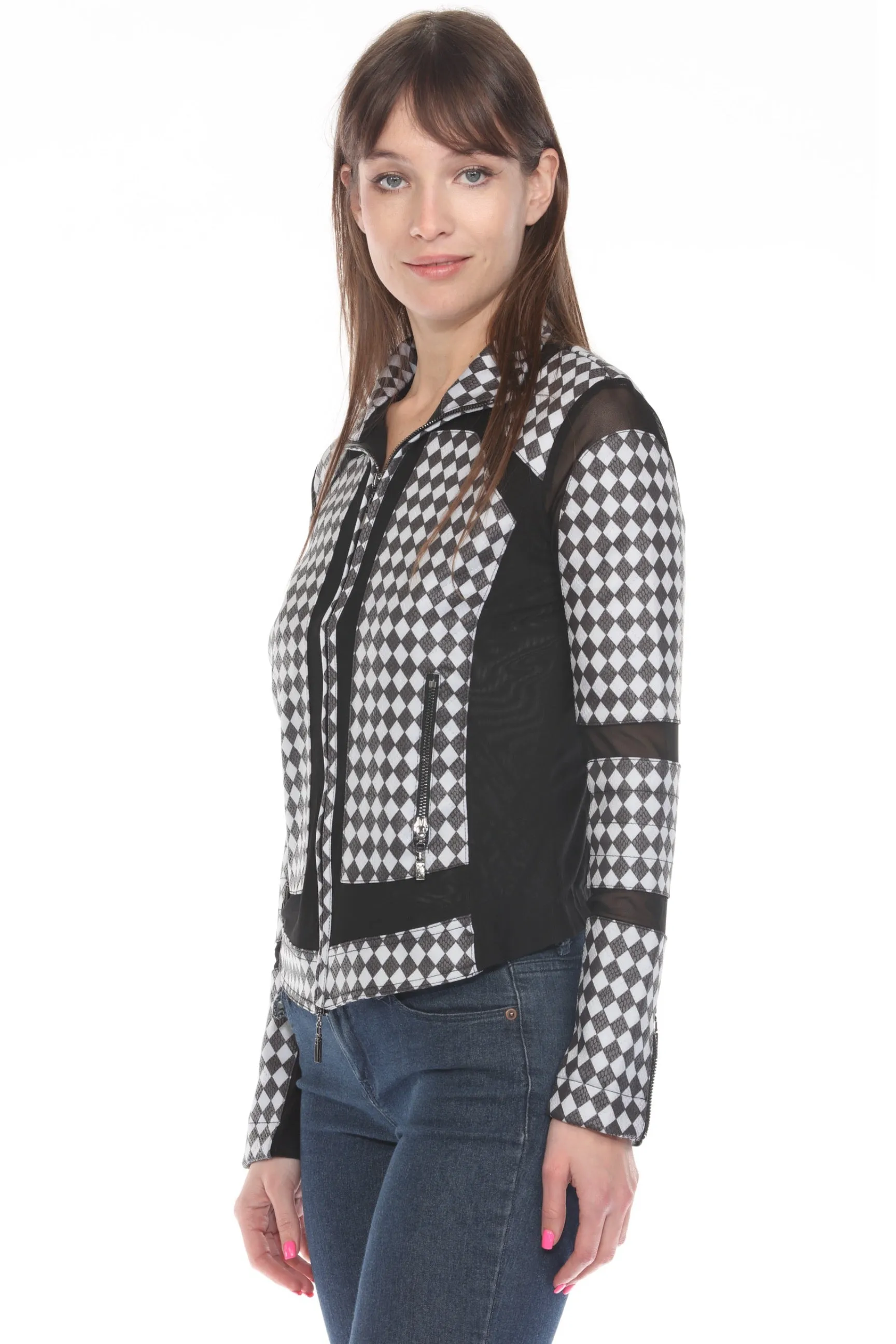OO LA LA Black/White Diamond Pattern Mesh Zip Moto Jacket M8001
