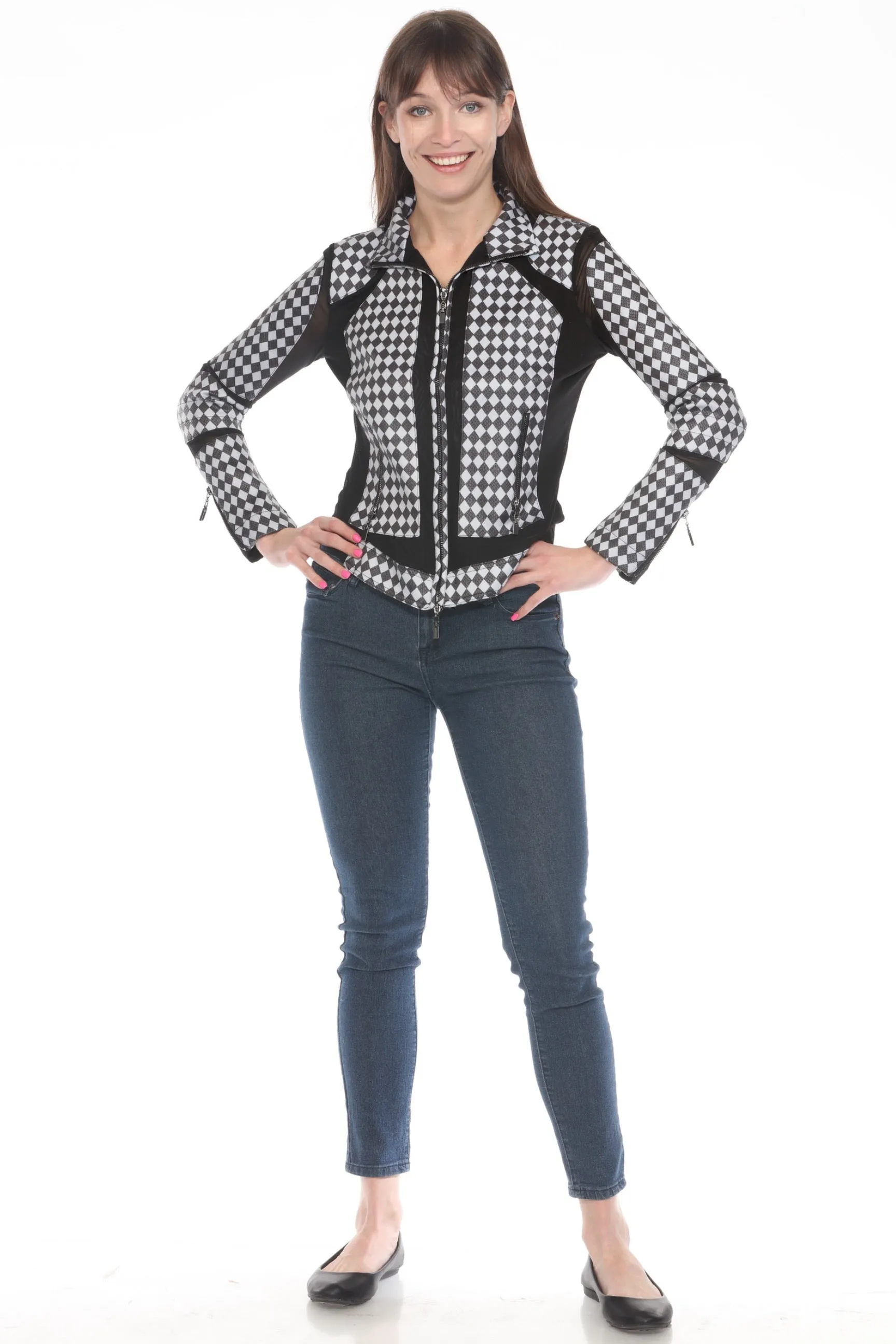 OO LA LA Black/White Diamond Pattern Mesh Zip Moto Jacket M8001