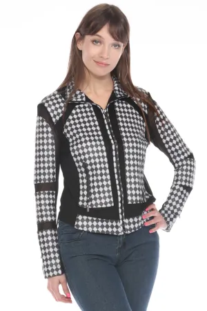 OO LA LA Black/White Diamond Pattern Mesh Zip Moto Jacket M8001