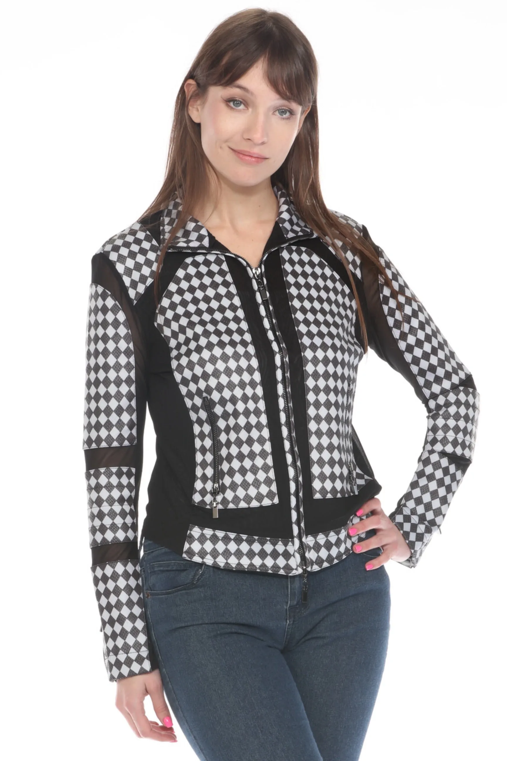 OO LA LA Black/White Diamond Pattern Mesh Zip Moto Jacket M8001