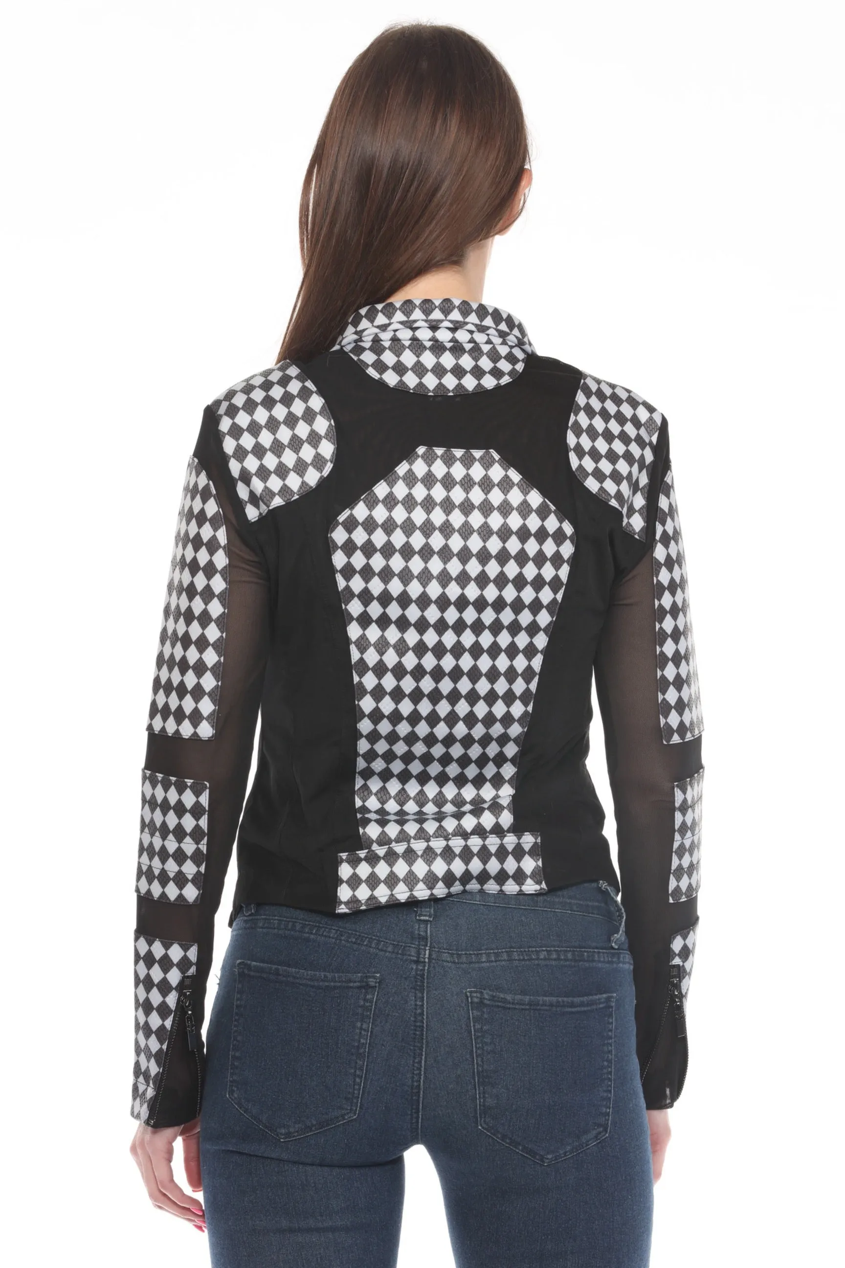 OO LA LA Black/White Diamond Pattern Mesh Zip Moto Jacket M8001