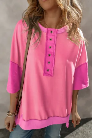Patchwork Half Button T Shirt