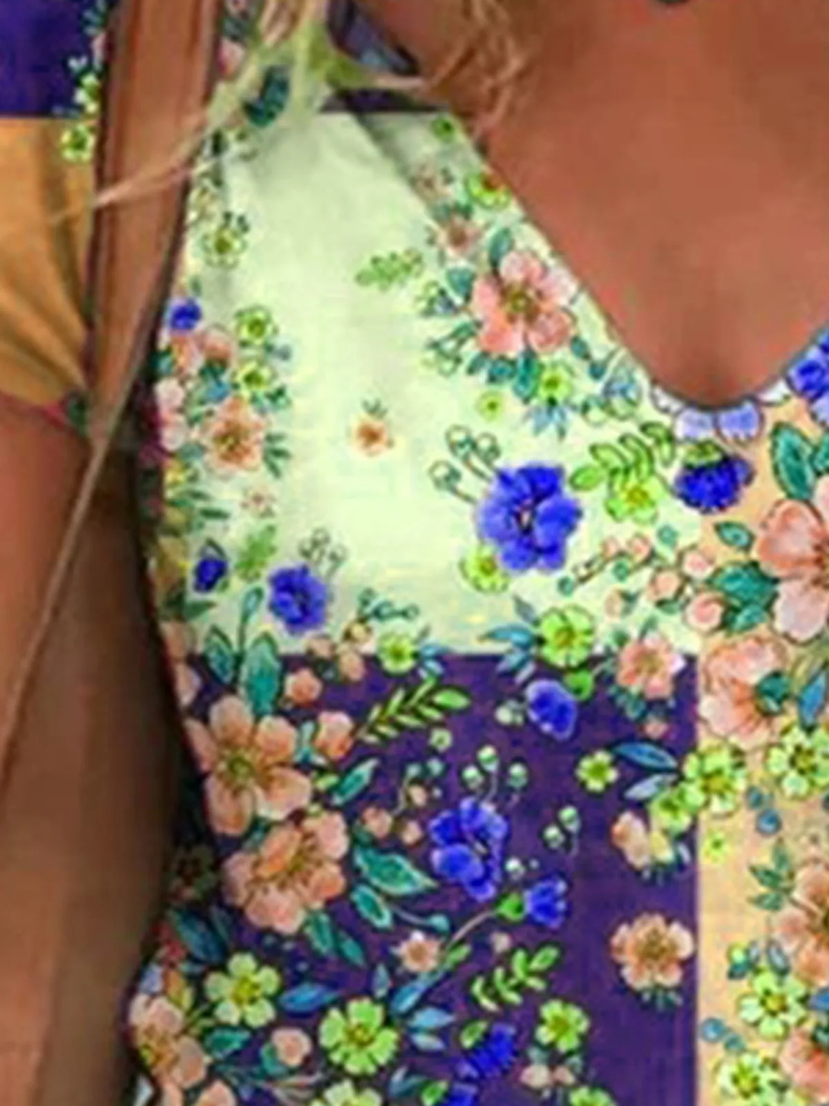 Patchwork Short Sleeve V Neck Shirts & Tops