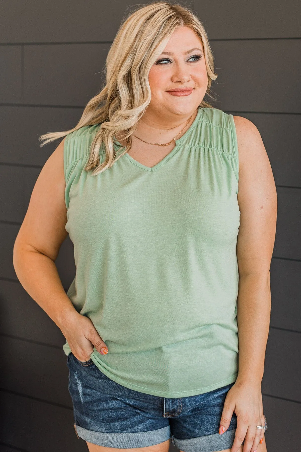 Pay Close Attention V-Neck Tank Top- Mint