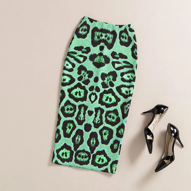 Pencil Skirt Women High Waist Vintage Elegant Bodycon Green/Camel Leopard Print Midi Skirts Female