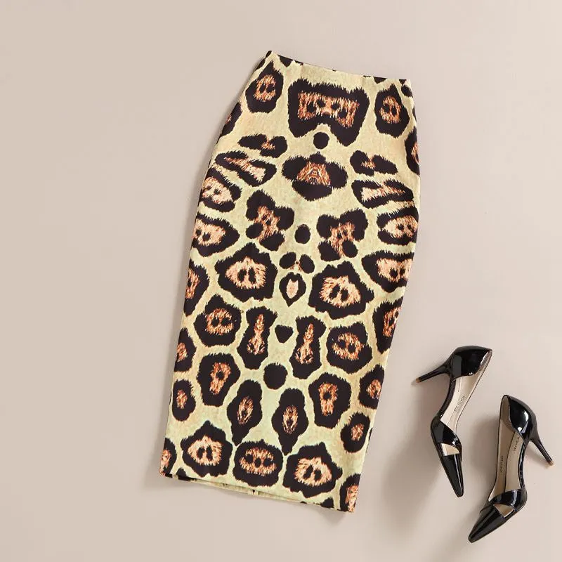 Pencil Skirt Women High Waist Vintage Elegant Bodycon Green/Camel Leopard Print Midi Skirts Female