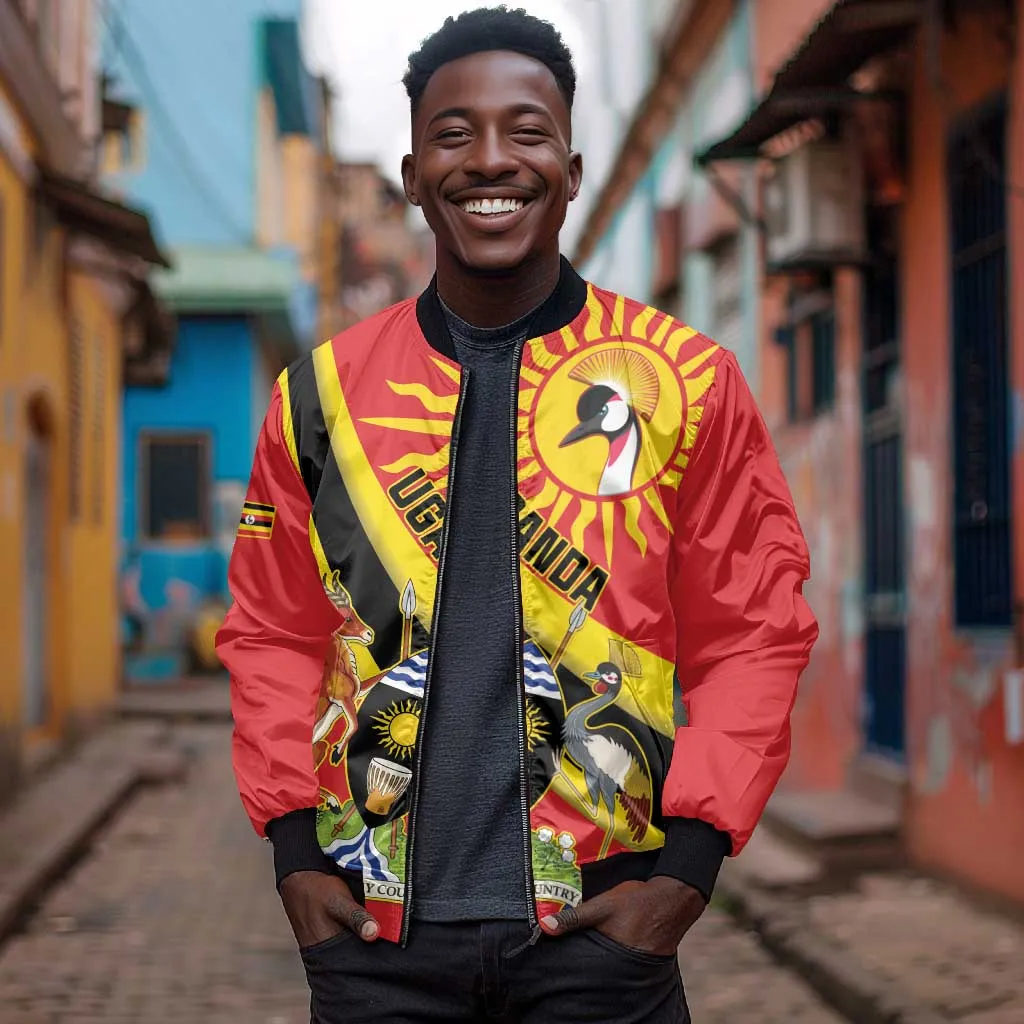 Personalised Afro Uganda Bomber Jacket Black Crowned Crane With Coat Of Arms LT15