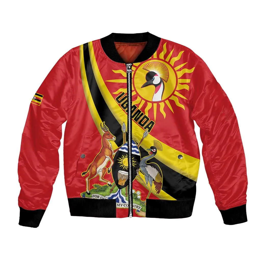 Personalised Afro Uganda Bomber Jacket Black Crowned Crane With Coat Of Arms LT15