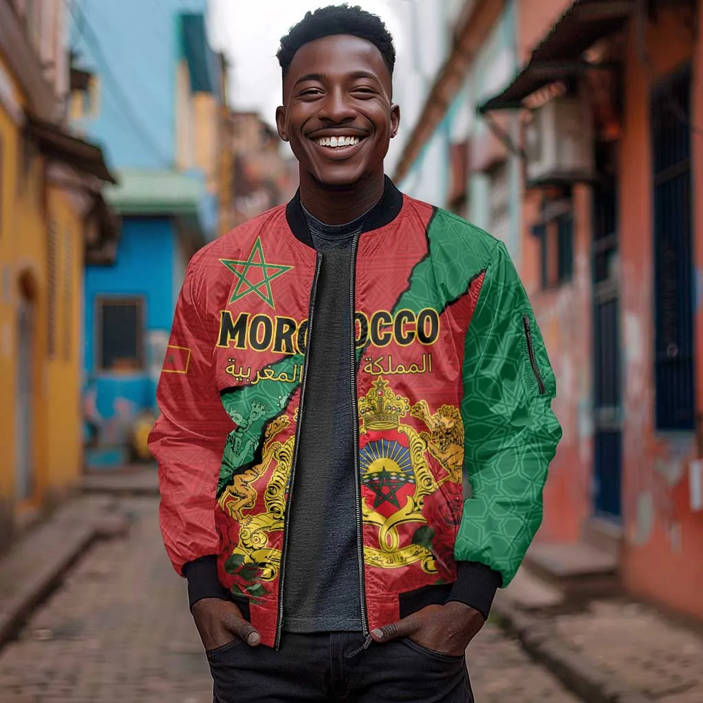 Personalised Morocco Sleeve Zip Bomber Jacket Coat Of Arms - Islamic Mix African Patterns LT15